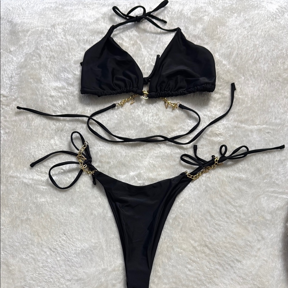 Minimalist Black Triangle Bikini Set with Adjustable Ties
